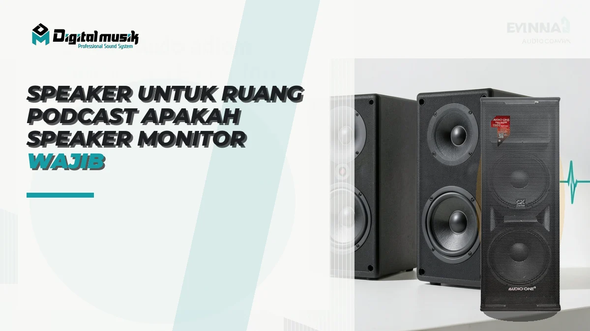 Setup ruang podcast dengan speaker monitor di atas meja