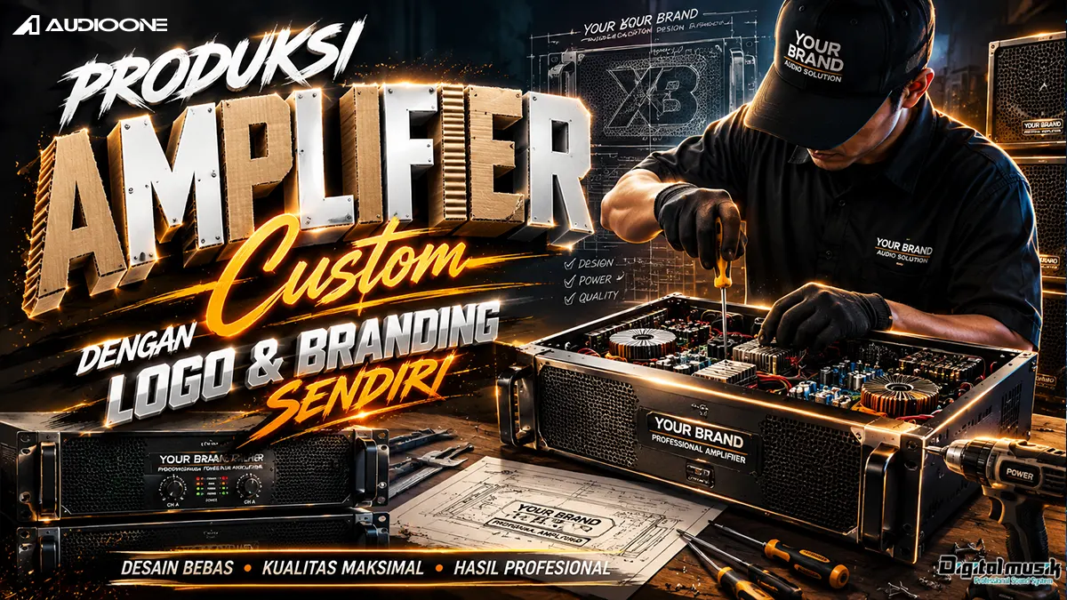 Proses produksi amplifier custom dengan branding logo perusahaan di workshop Digital Musik Indonesia