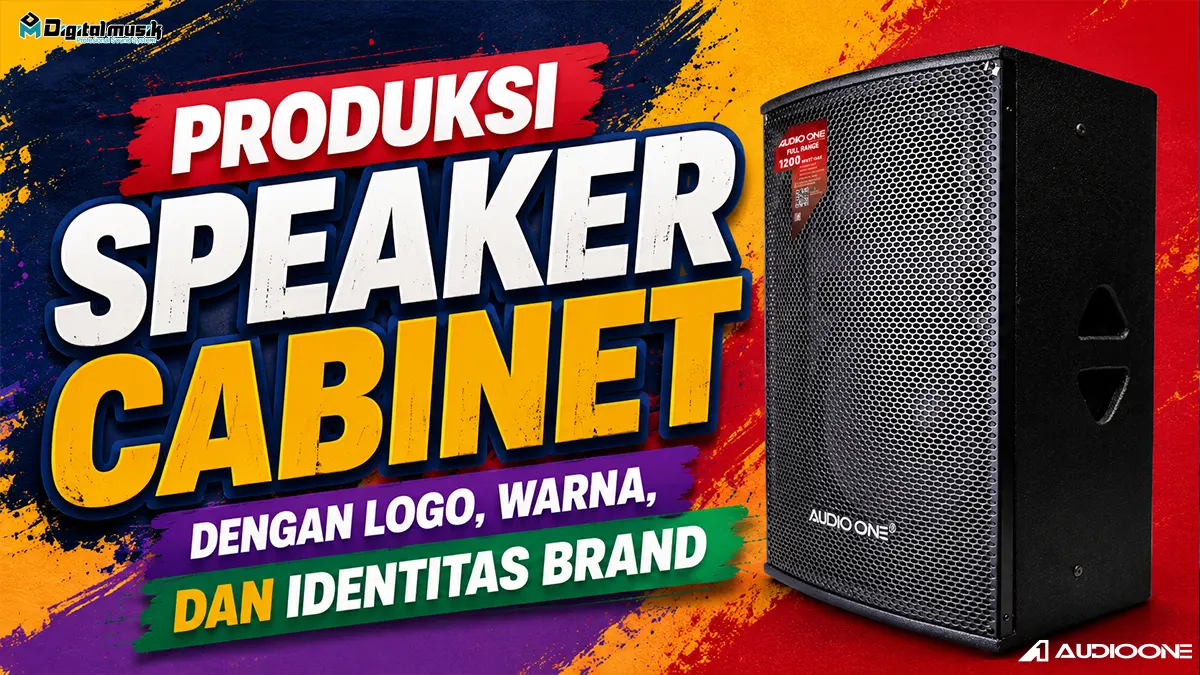 Proses produksi speaker cabinet custom dengan branding logo perusahaan