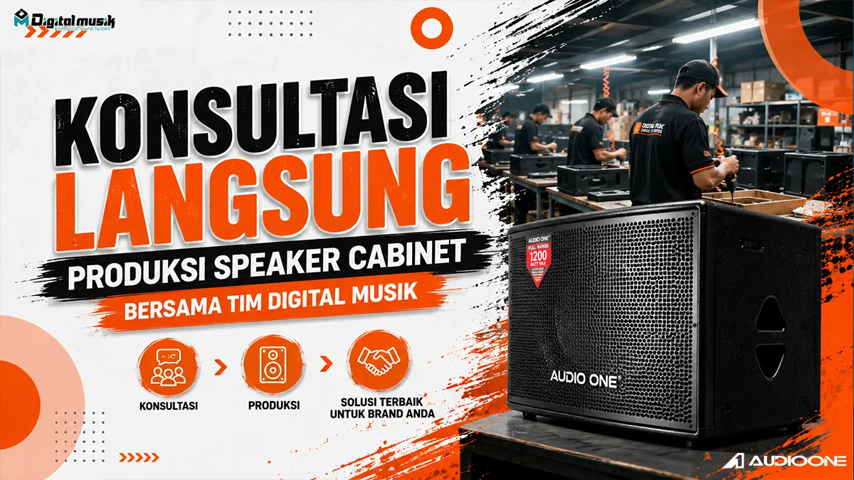 Tim profesional Digital Musik sedang melakukan konsultasi teknis produksi speaker cabinet