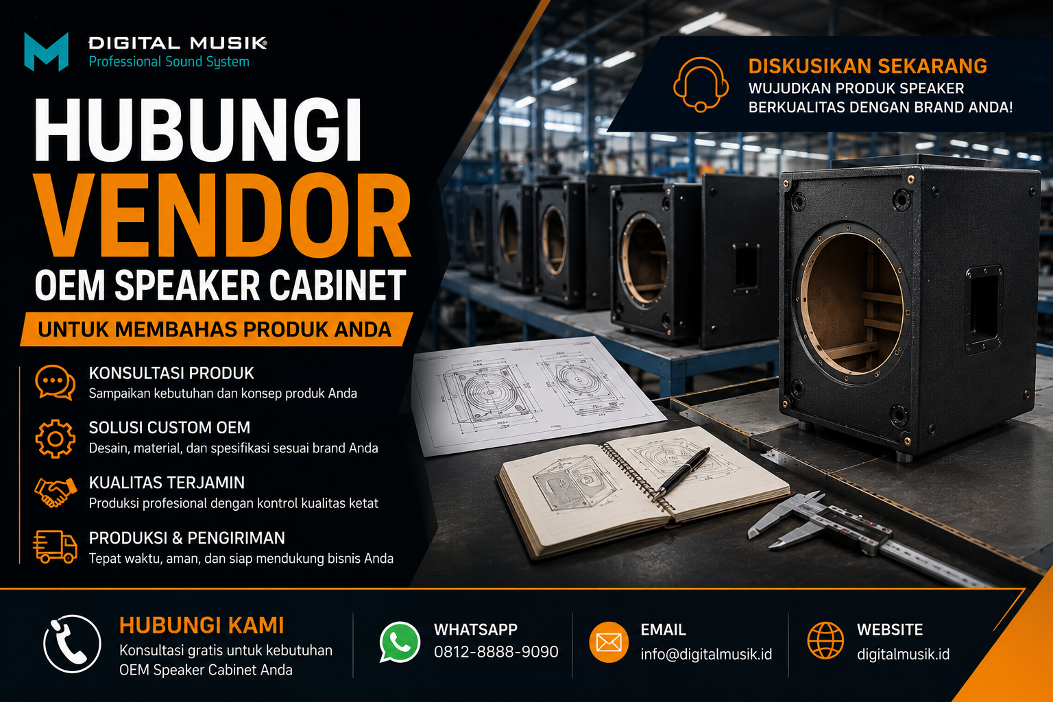 Diskusi profesional antara buyer dan vendor OEM speaker cabinet di workshop