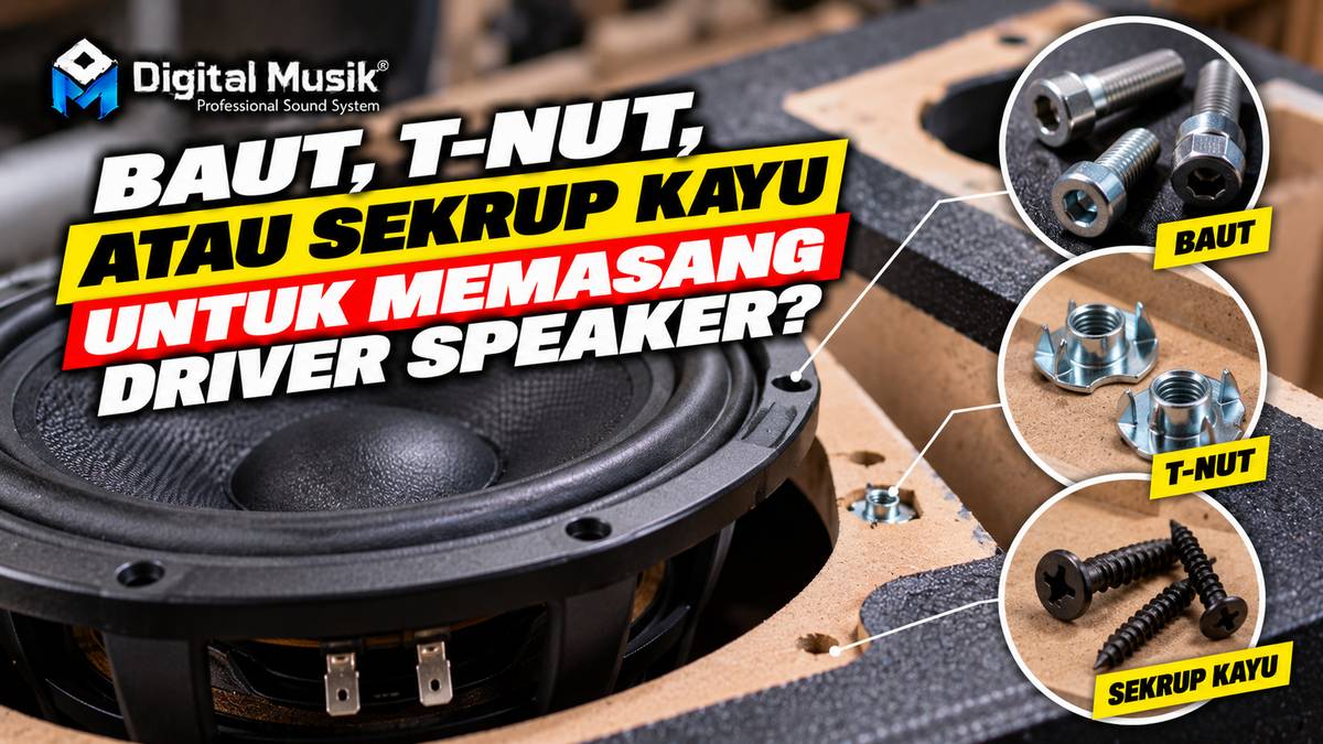 Ilustrasi perbandingan baut, T-nut, dan sekrup kayu untuk memasang driver speaker pada kabinet.