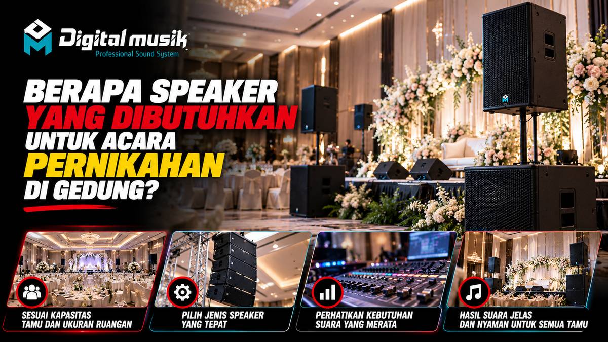 Pasangan pengantin berdiri di pelaminan dengan latar belakang dekorasi bunga, sound system terpasang di sisi panggung.