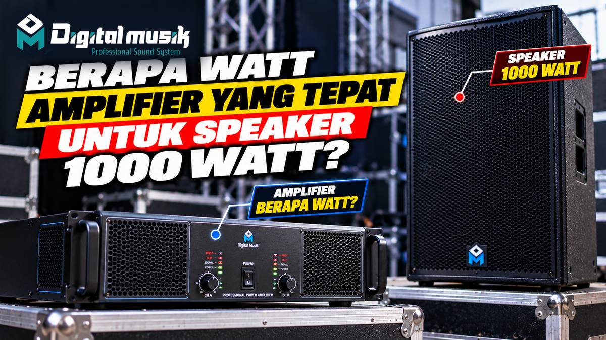 Ilustrasi amplifier terhubung ke speaker besar dengan label daya 1000 watt.