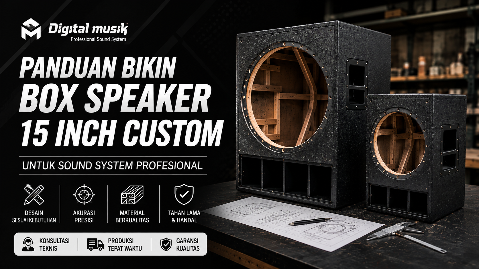 Proses fabrikasi box speaker 15 inch custom di workshop Digital Musik