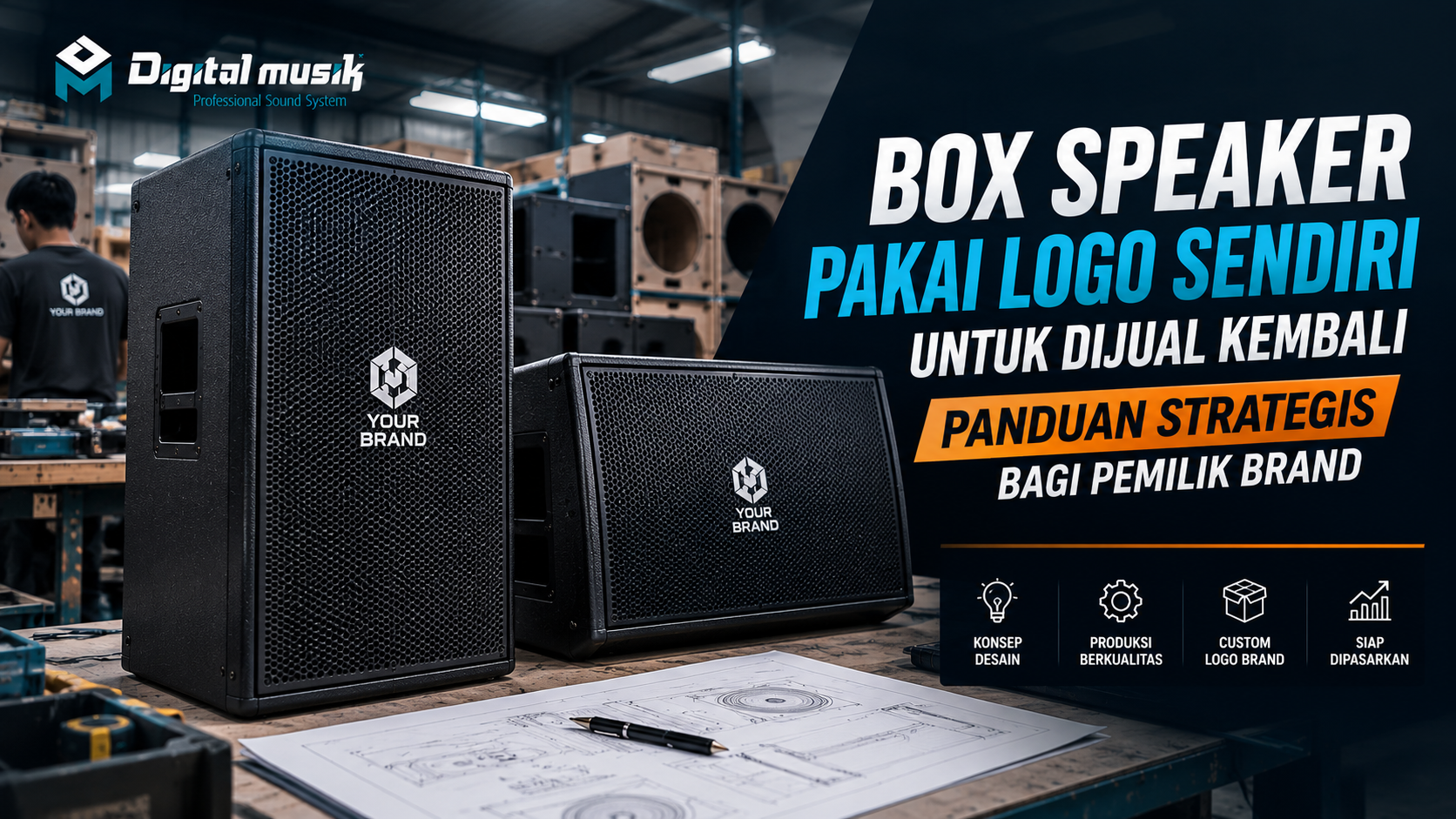Proses produksi custom box speaker dengan branding logo untuk kebutuhan bisnis audio