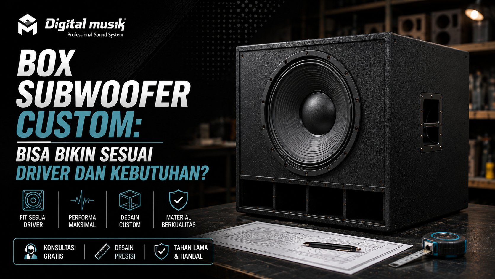 Proses fabrikasi box subwoofer custom di workshop Digital Musik Indonesia