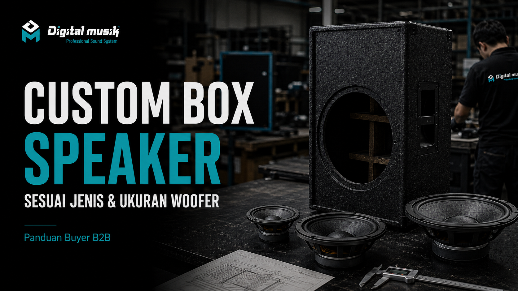 Proses fabrikasi custom box speaker profesional di workshop Digital Musik