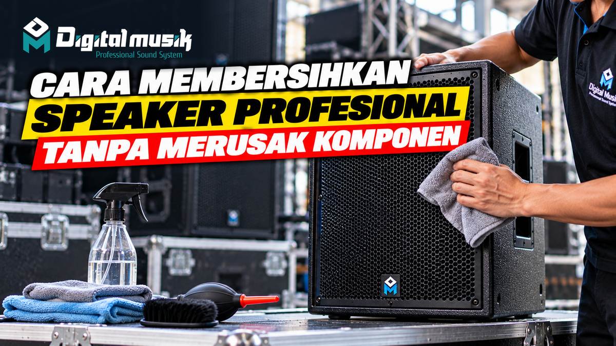 Seorang teknisi audio membersihkan permukaan speaker profesional dengan hati-hati menggunakan kain mikrofiber.