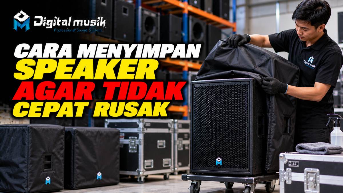 Rak penyimpanan speaker yang tertata rapi dengan pencahayaan yang baik