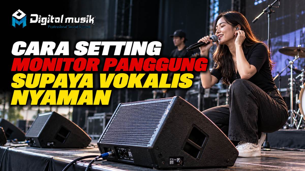 Seorang vokalis sedang bernyanyi di atas panggung dengan monitor di depannya