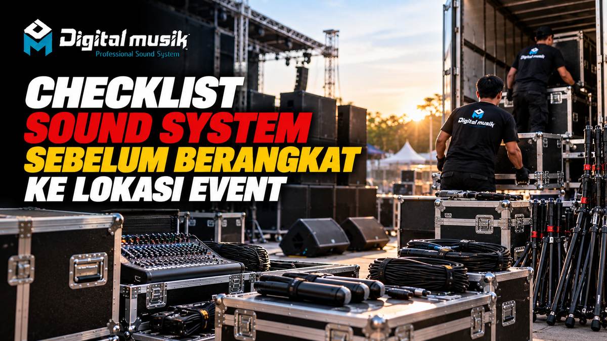Seorang teknisi audio sedang memeriksa sound system di atas panggung sebelum acara