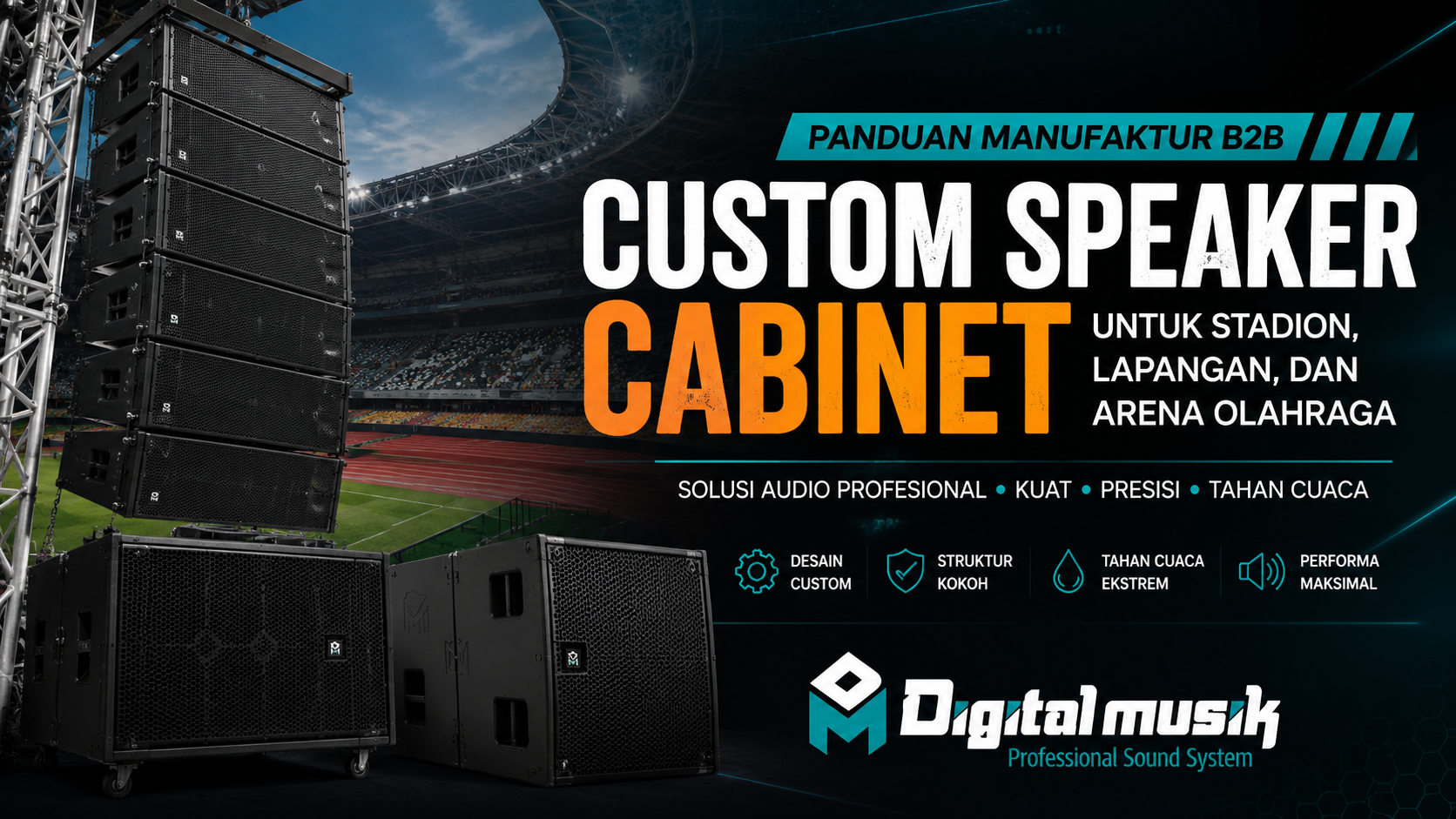 Proses fabrikasi custom speaker cabinet untuk kebutuhan audio stadion dan arena olahraga