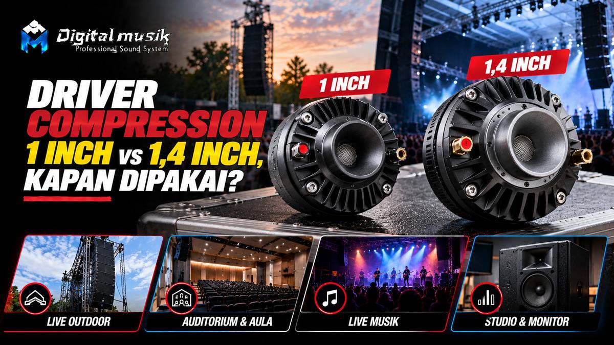 Perbandingan dua driver kompresi speaker berukuran berbeda, 1 inci dan 1,4 inci.