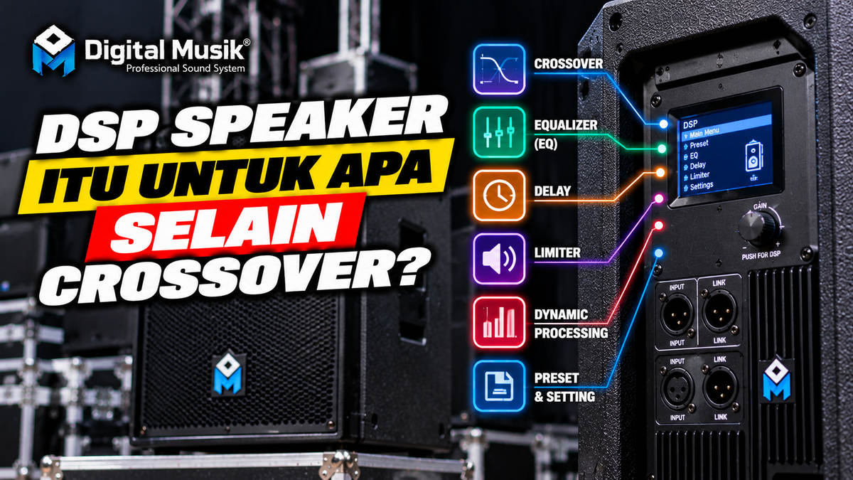 Ilustrasi panel belakang speaker aktif dengan konektor dan tombol pengaturan DSP