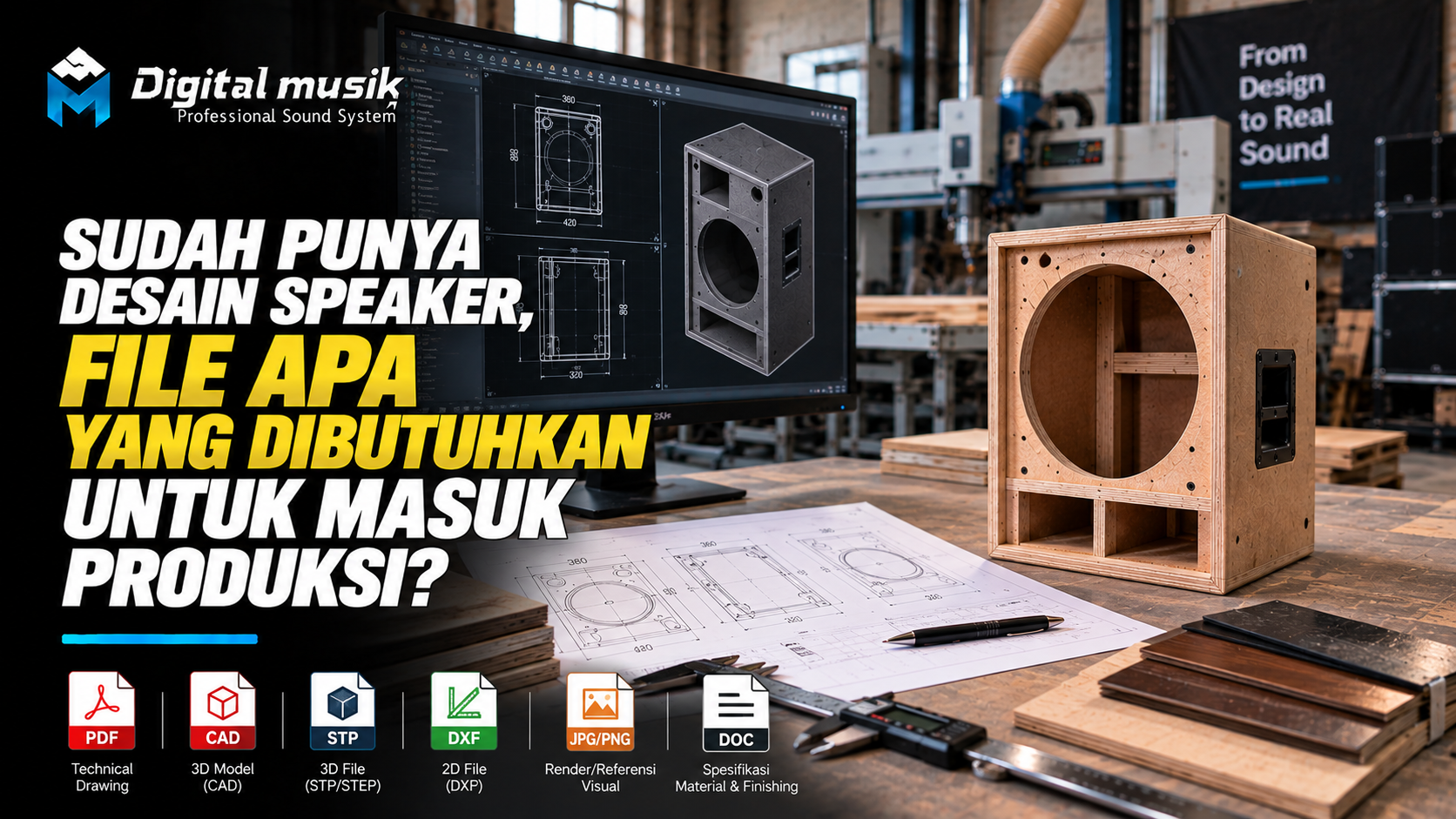 Ilustrasi meja kerja dengan blueprint desain speaker dan berbagai file digital.