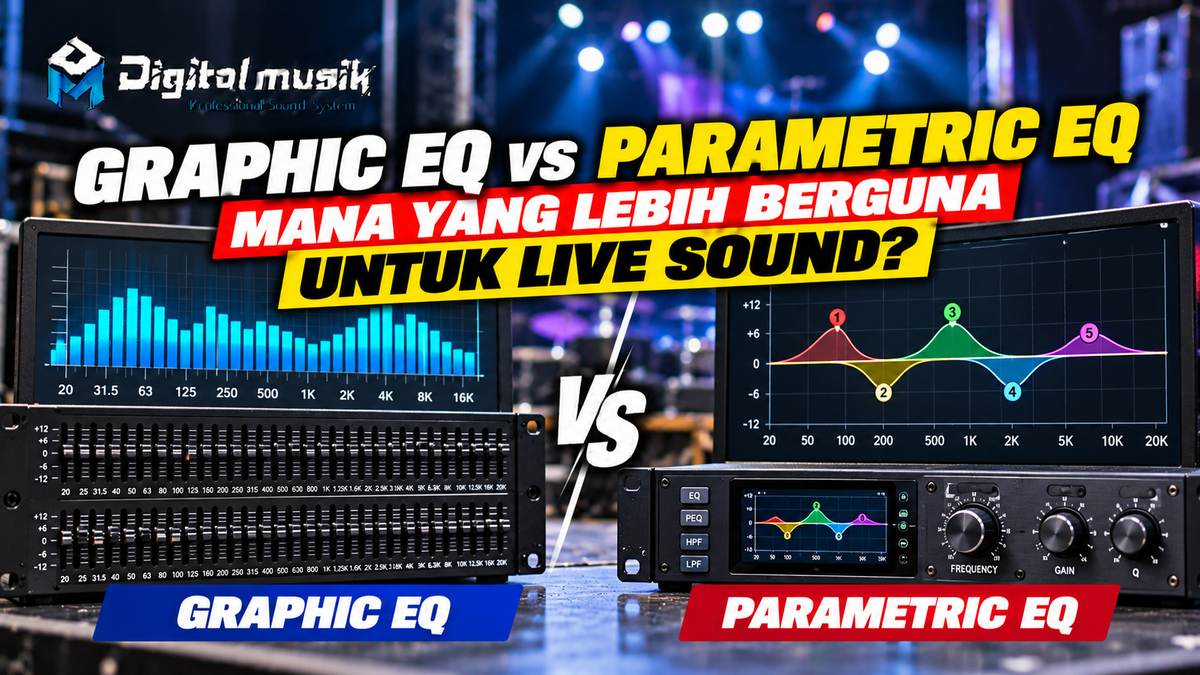 Ilustrasi perbandingan antara Graphic EQ dan Parametric EQ di atas meja mixing sound system.