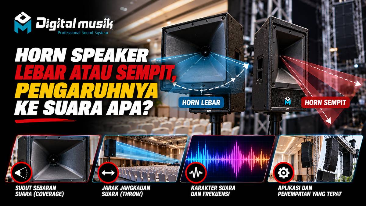 Ilustrasi perbandingan horn speaker dengan pola dispersi lebar dan sempit