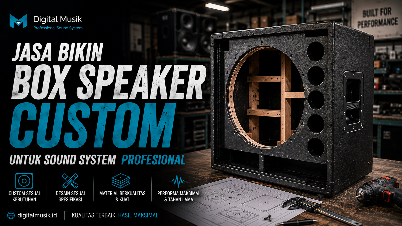 Proses fabrikasi box speaker custom di workshop Digital Musik
