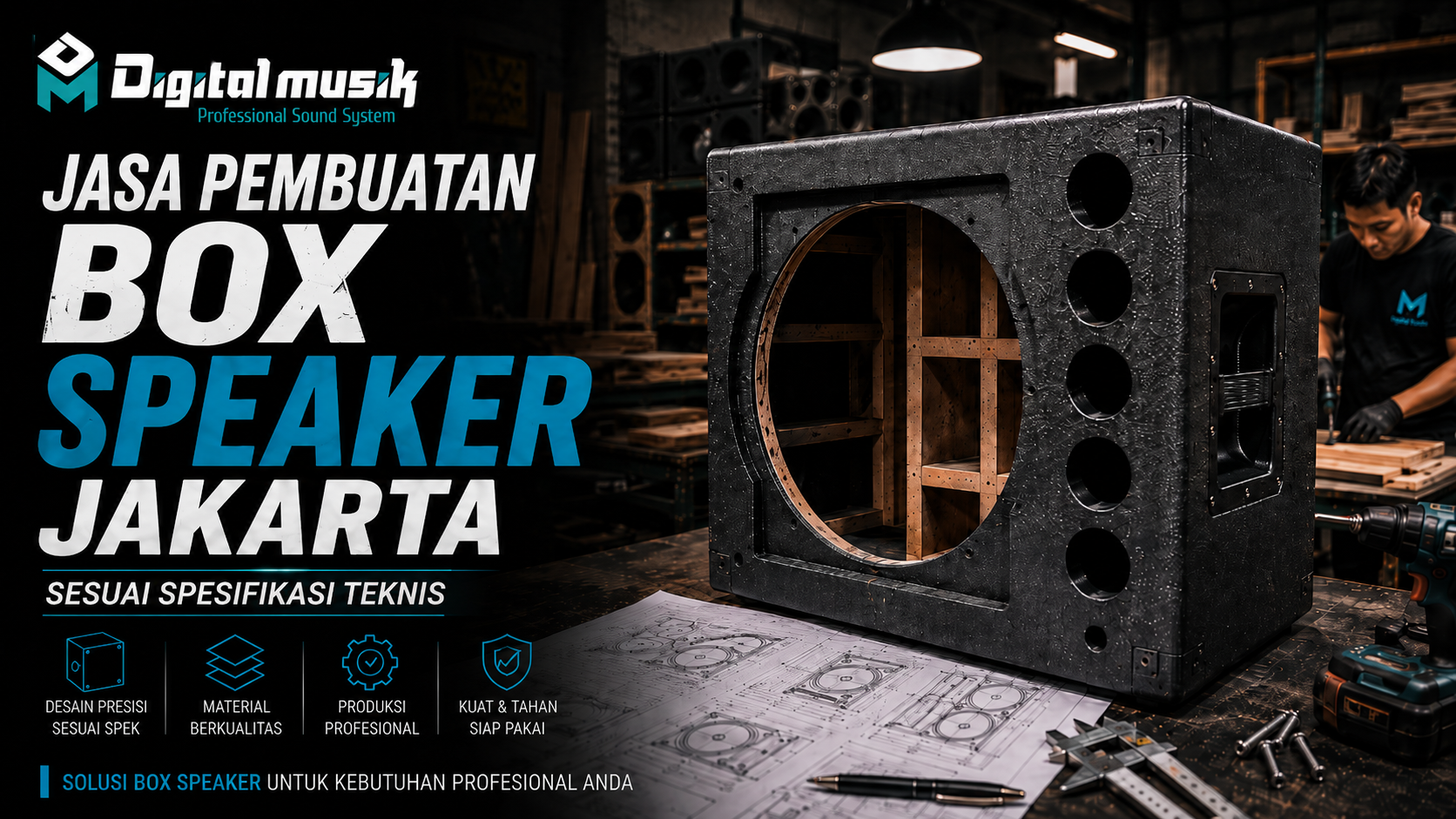 Proses fabrikasi custom speaker cabinet di workshop Digital Musik Indonesia