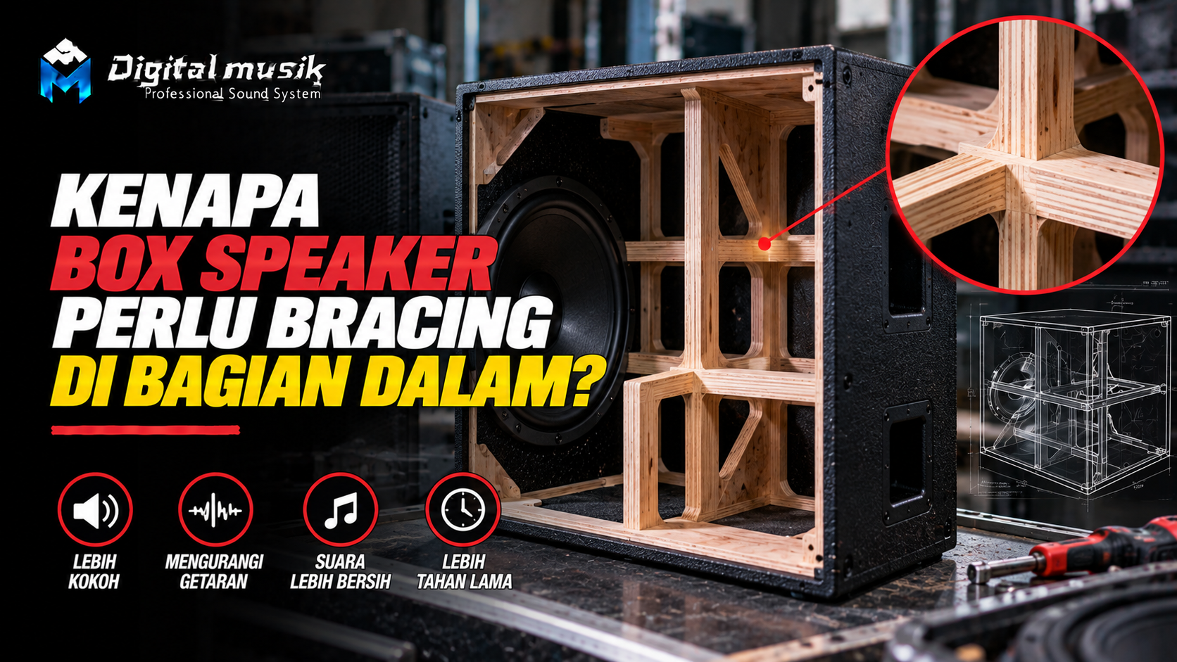 Ilustrasi bagian dalam box speaker dengan struktur bracing terpasang