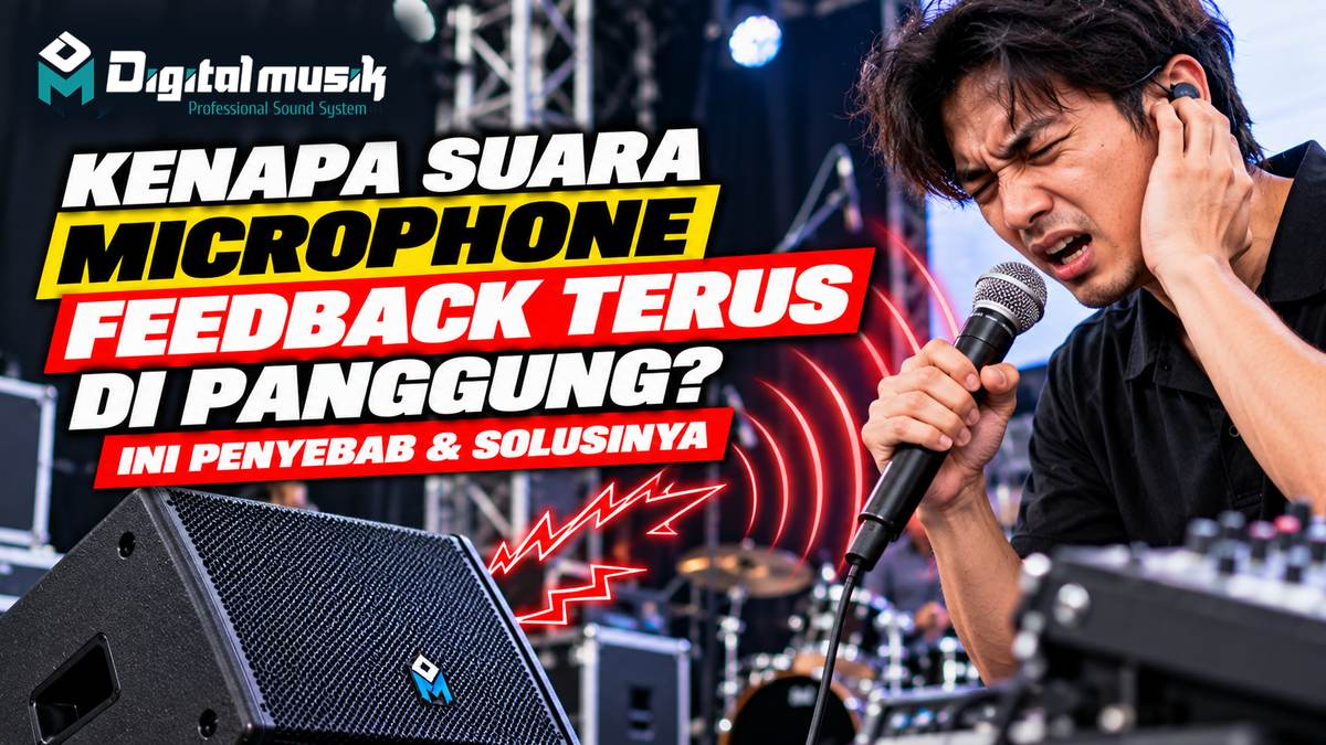 Seorang operator audio sedang mengatasi masalah feedback microphone di atas panggung konser.