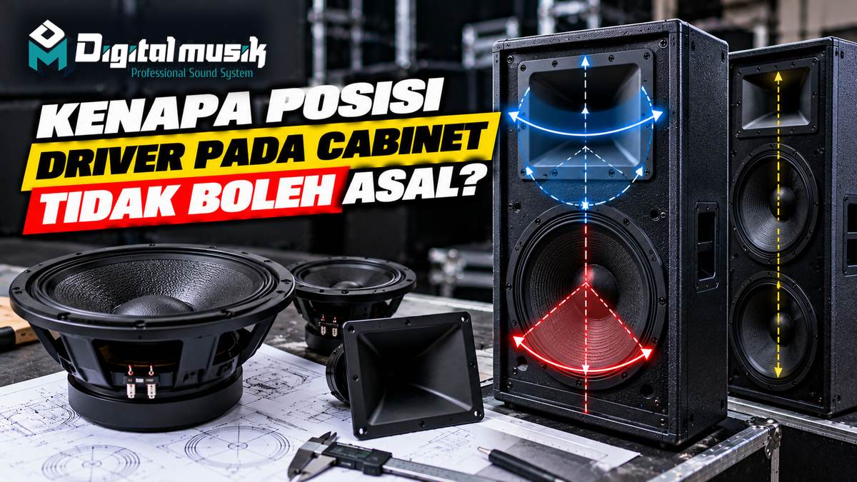 Ilustrasi penampang speaker cabinet menunjukkan posisi driver yang tepat dan tidak tepat.