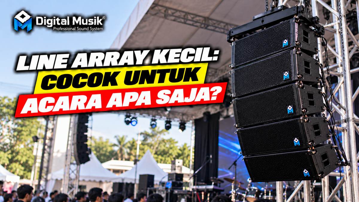 Ilustrasi sistem line array kecil terpasang di sebuah panggung acara.