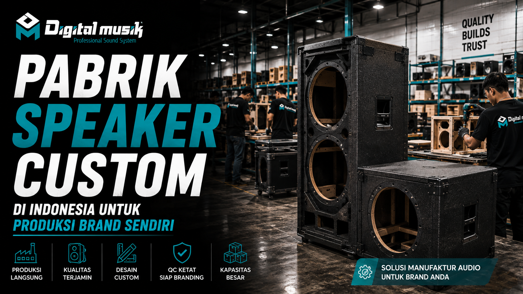 Proses fabrikasi box speaker custom di workshop Digital Musik Indonesia