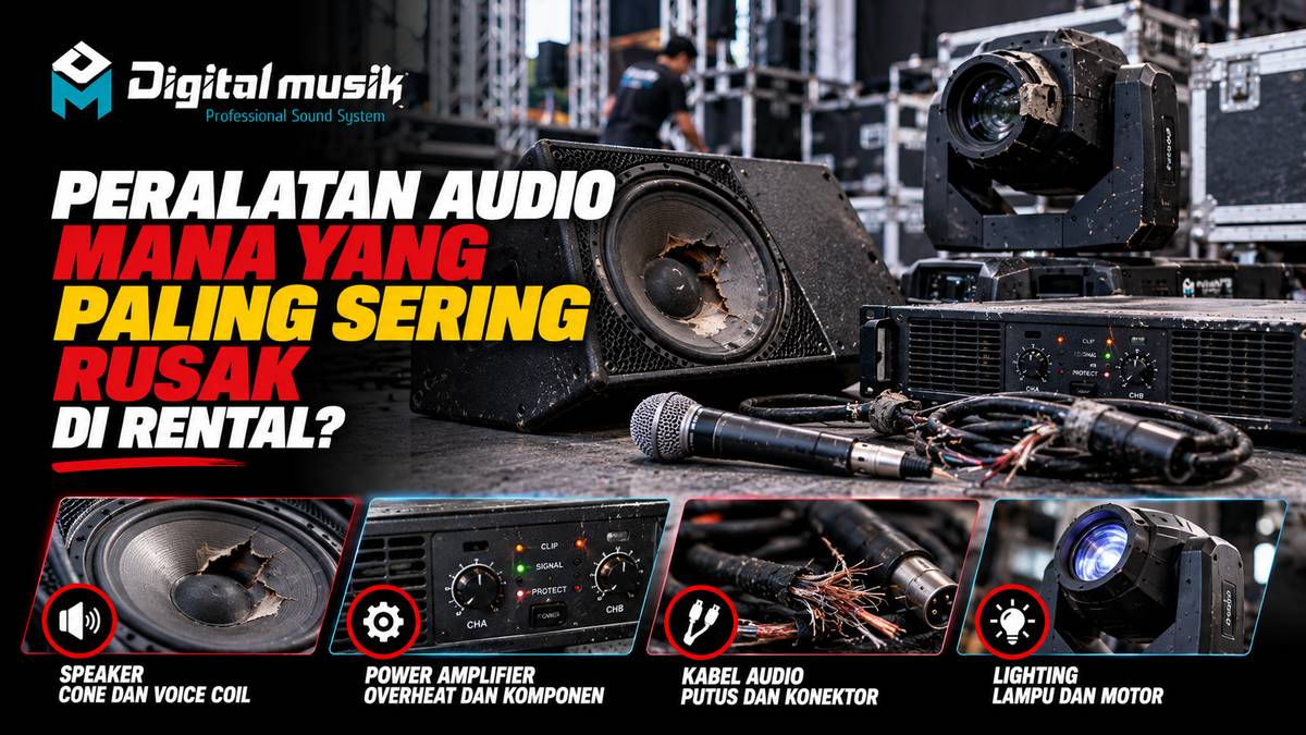Teknisi sedang memeriksa peralatan audio di lokasi rental