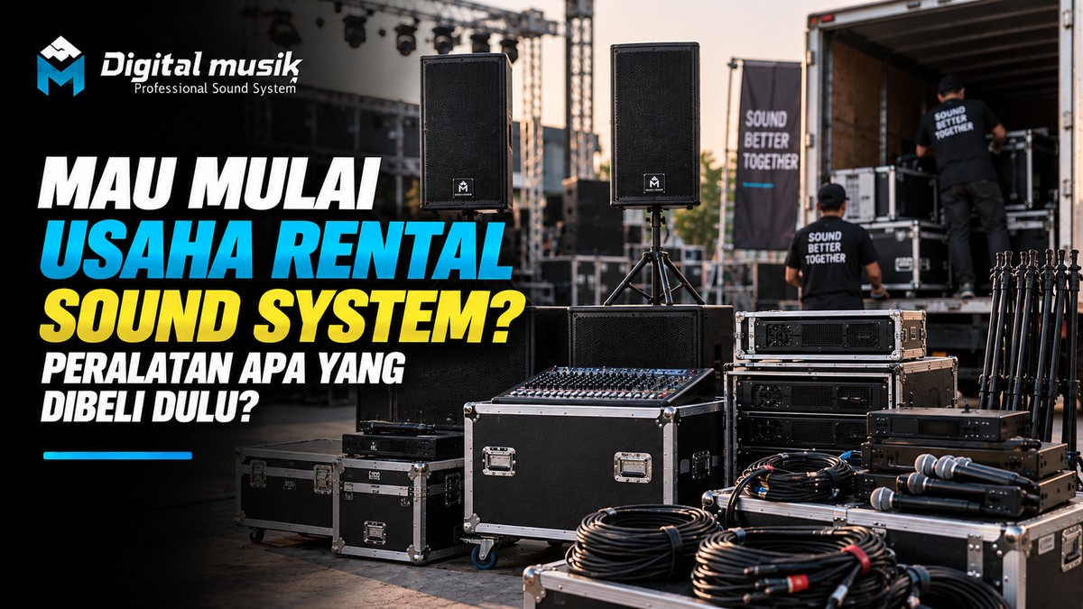 Rak-rak berisi berbagai peralatan sound system profesional, siap untuk disewa.