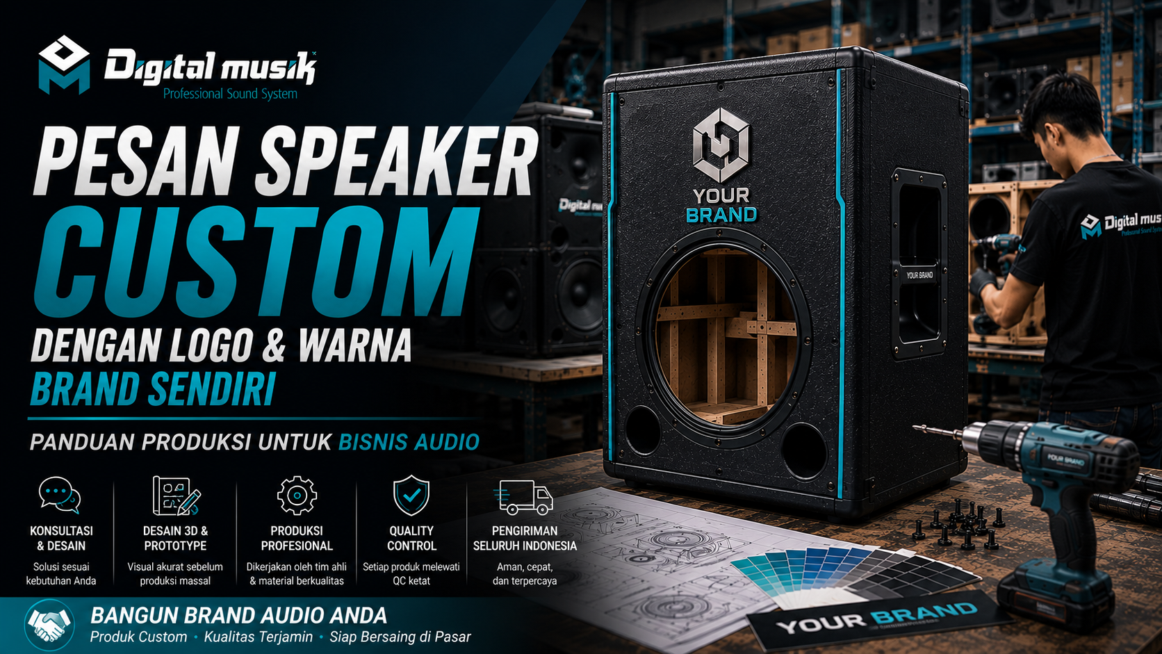 Proses produksi speaker custom dengan logo brand sendiri di workshop Digital Musik