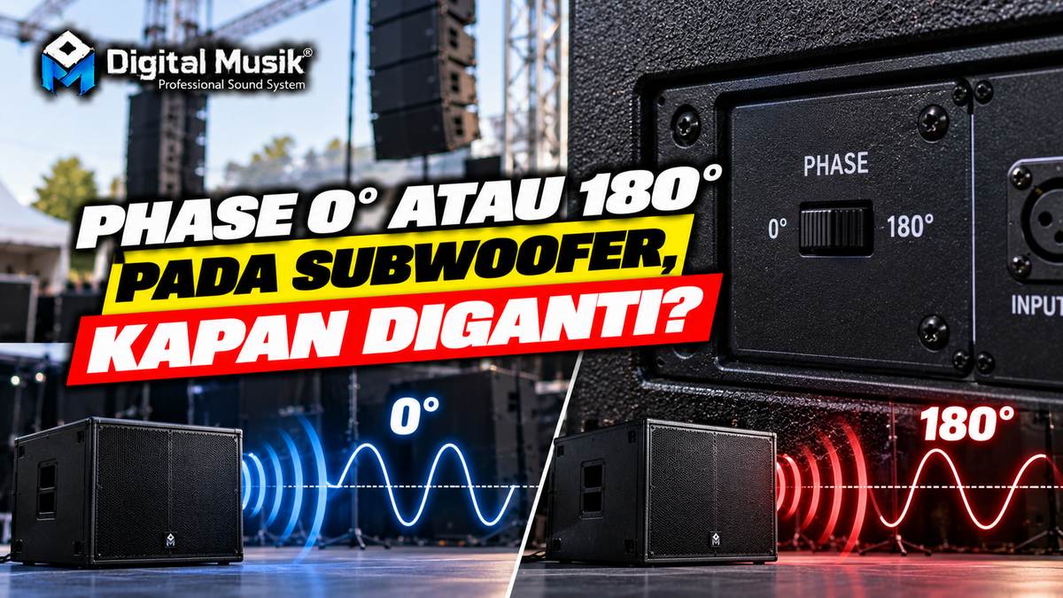 Ilustrasi panel belakang subwoofer dengan tombol pengaturan fase 0/180 derajat.