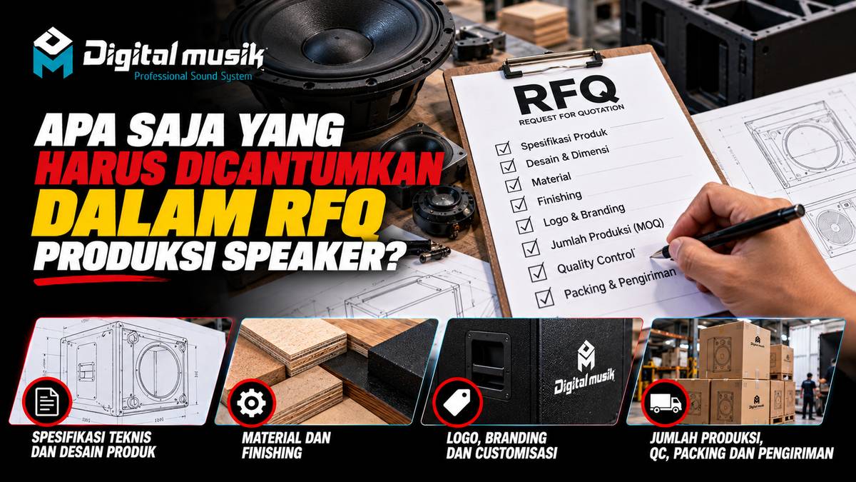 Dokumen RFQ produksi speaker di atas meja kerja dengan alat tulis