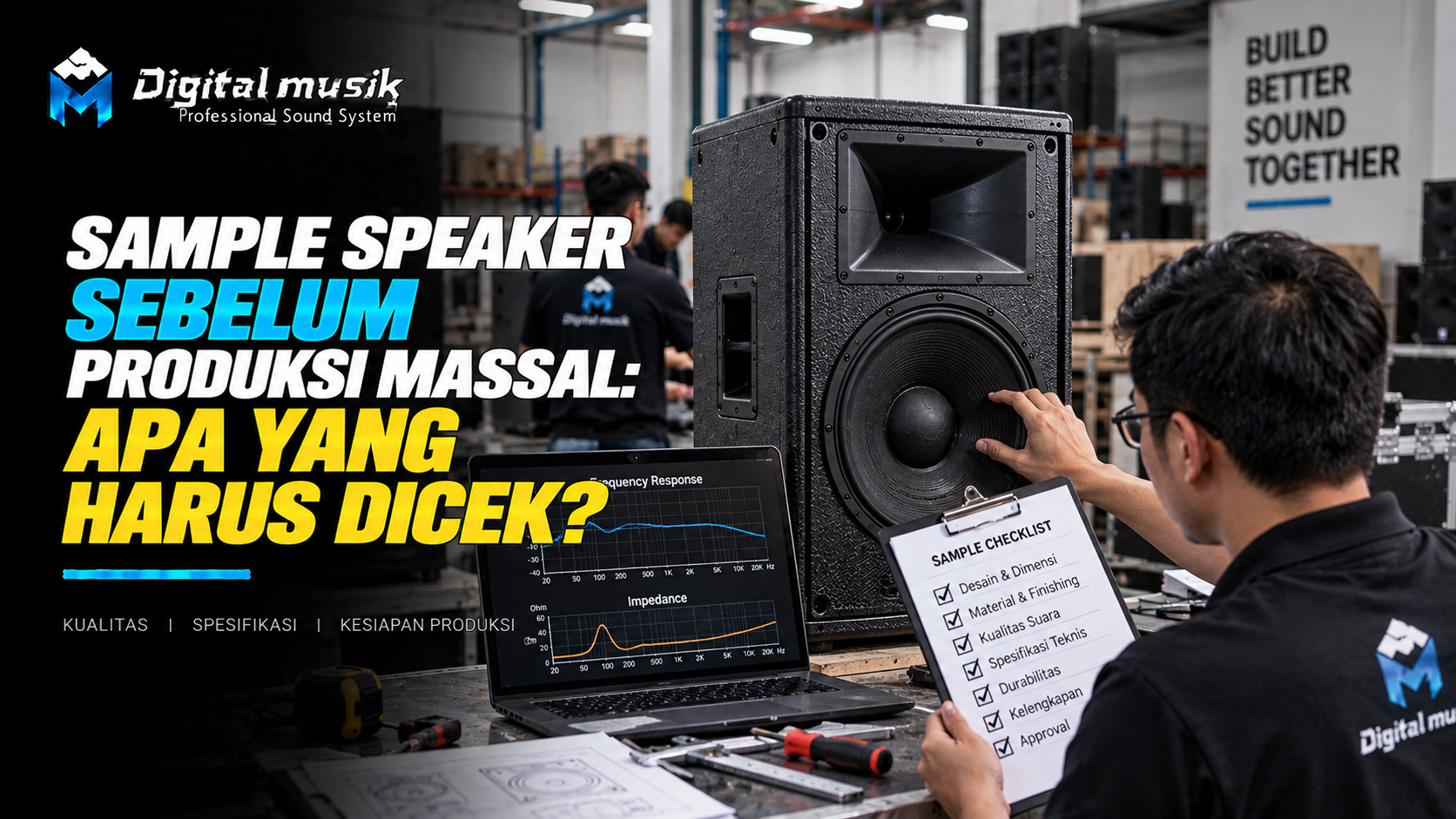 Tangan memegang dan memeriksa komponen speaker sebagai sampel sebelum produksi massal.