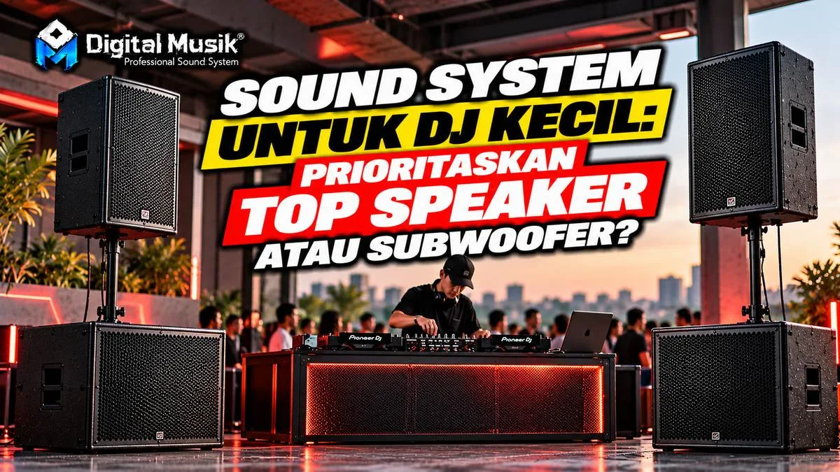 Seorang DJ memainkan musik dengan sound system yang terdiri dari speaker dan subwoofer di latar belakang.