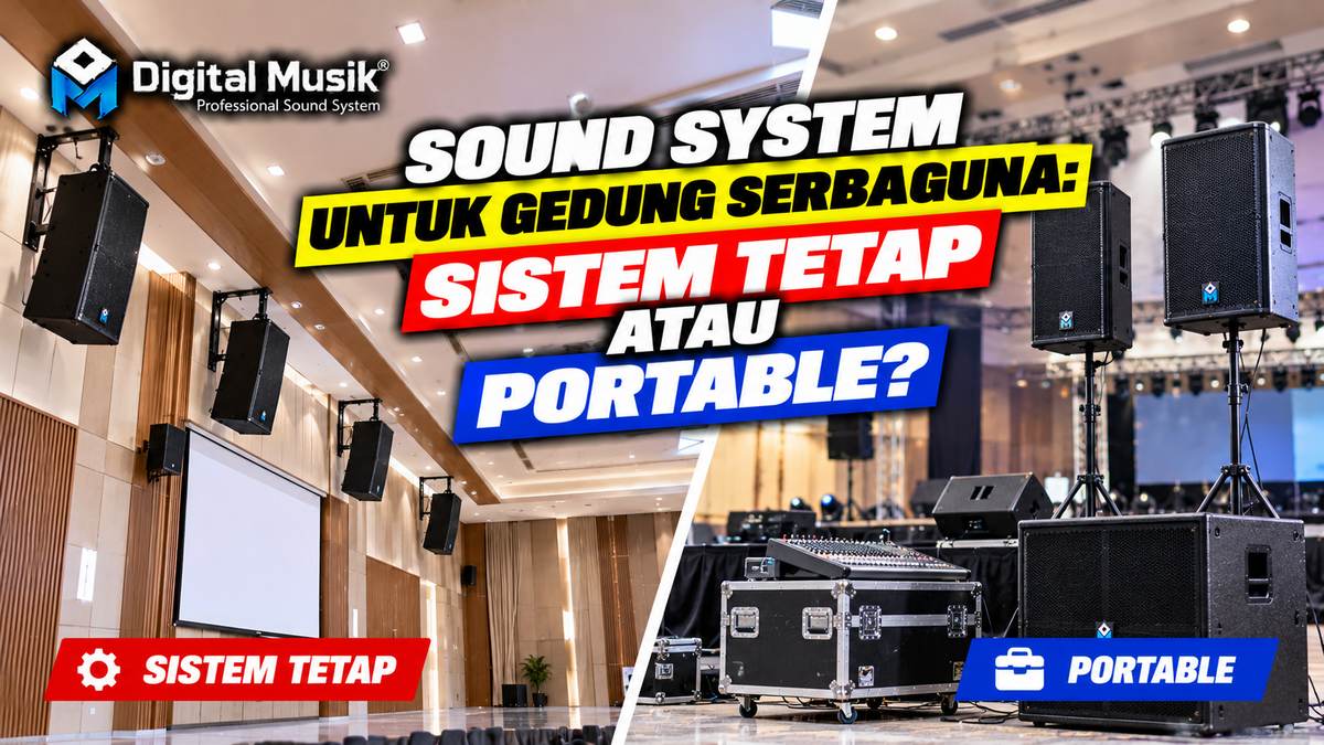 Ilustrasi perbandingan sound system tetap terpasang dan sound system portable di dalam gedung serbaguna.
