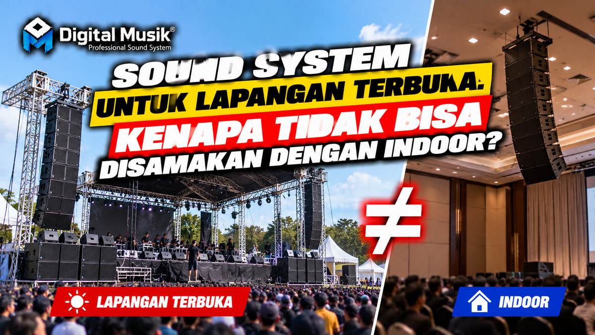 Sound system speaker besar di area terbuka dengan latar belakang panggung