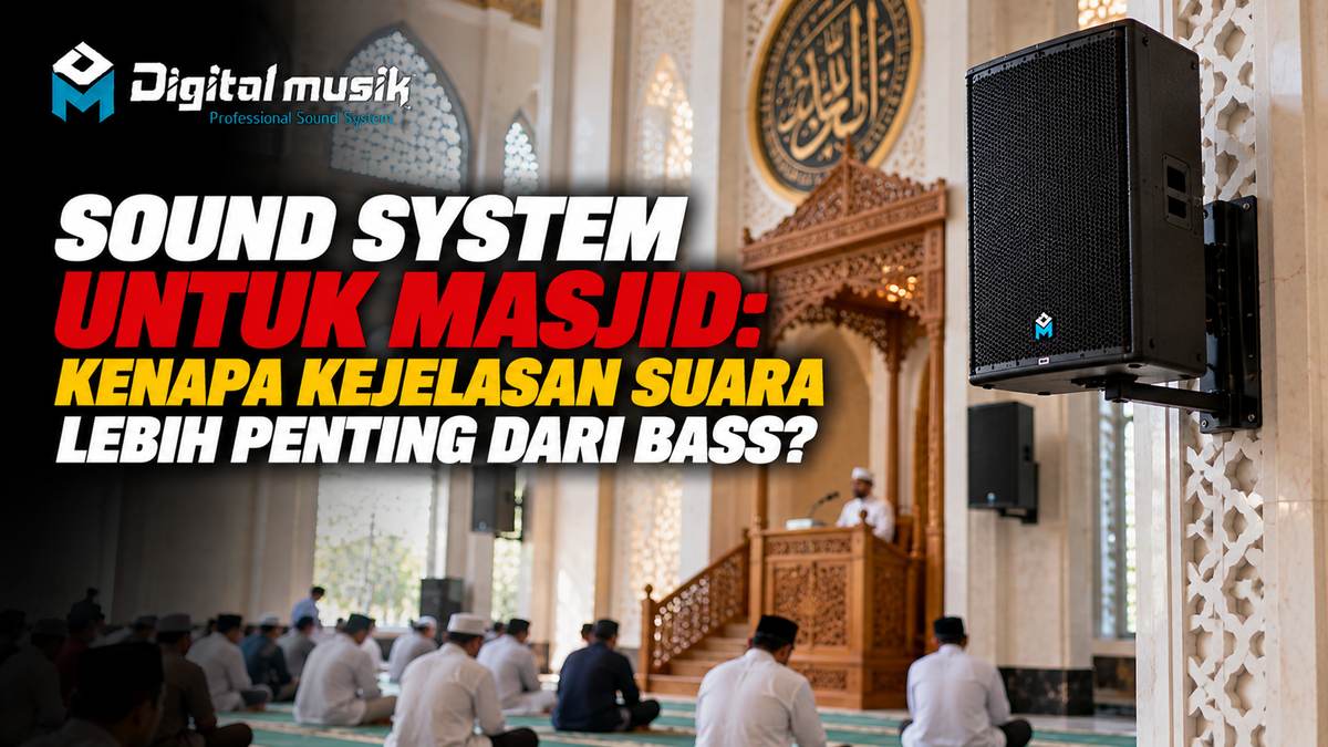 Ilustrasi sound system di dalam masjid dengan fokus pada kejelasan suara.