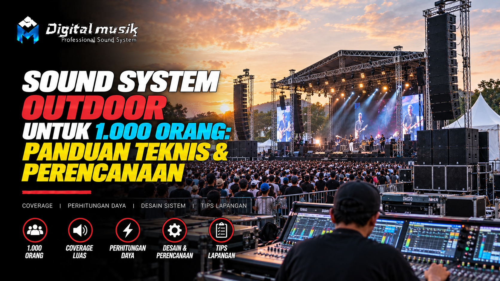 Setup speaker line array untuk acara outdoor dengan ribuan penonton