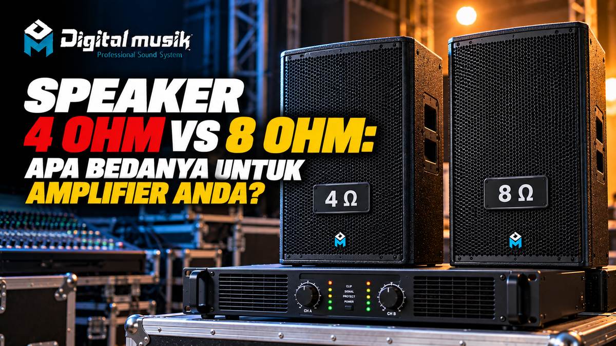 Ilustrasi perbandingan speaker 4 Ohm dan 8 Ohm dengan latar belakang amplifier.