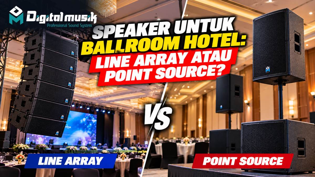 Ilustrasi perbandingan speaker line array dan point source di sebuah ballroom hotel