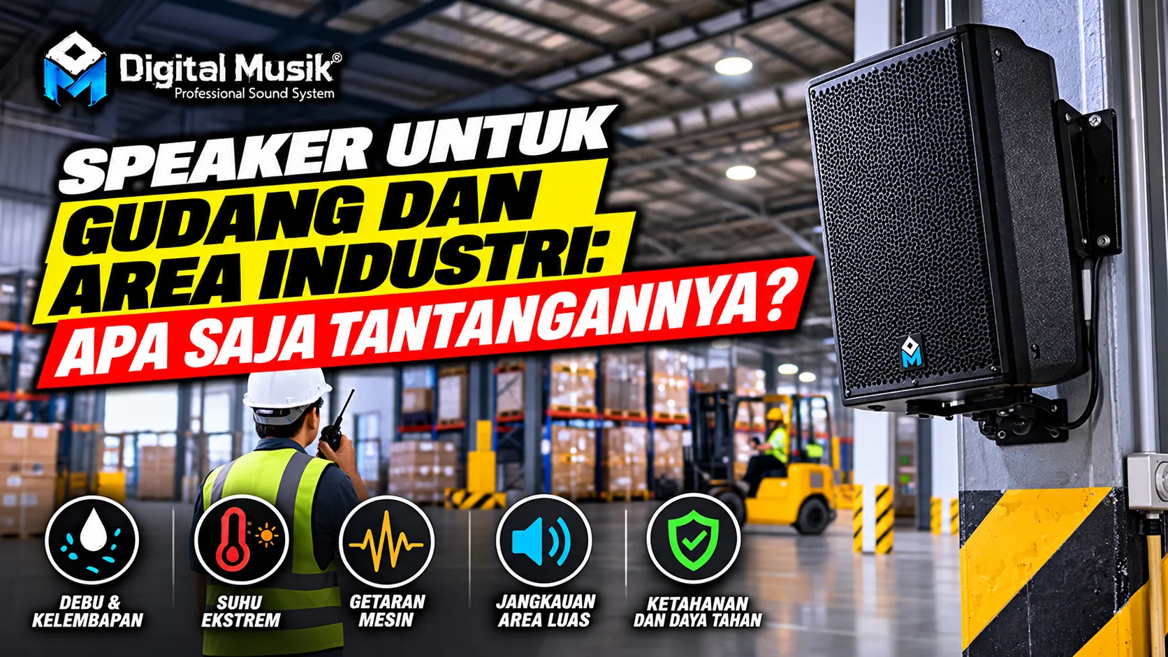 Seorang teknisi sedang memeriksa instalasi speaker di lingkungan pabrik yang luas.