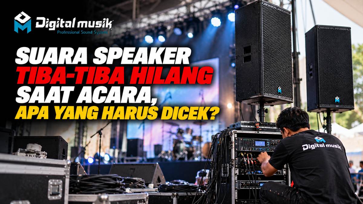 Orang sedang memeriksa kabel speaker di belakang panggung saat acara berlangsung.