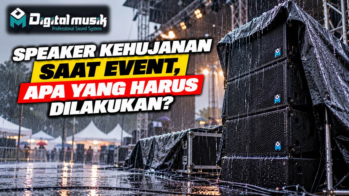 Petugas audio memeriksa speaker yang terkena hujan saat acara outdoor.