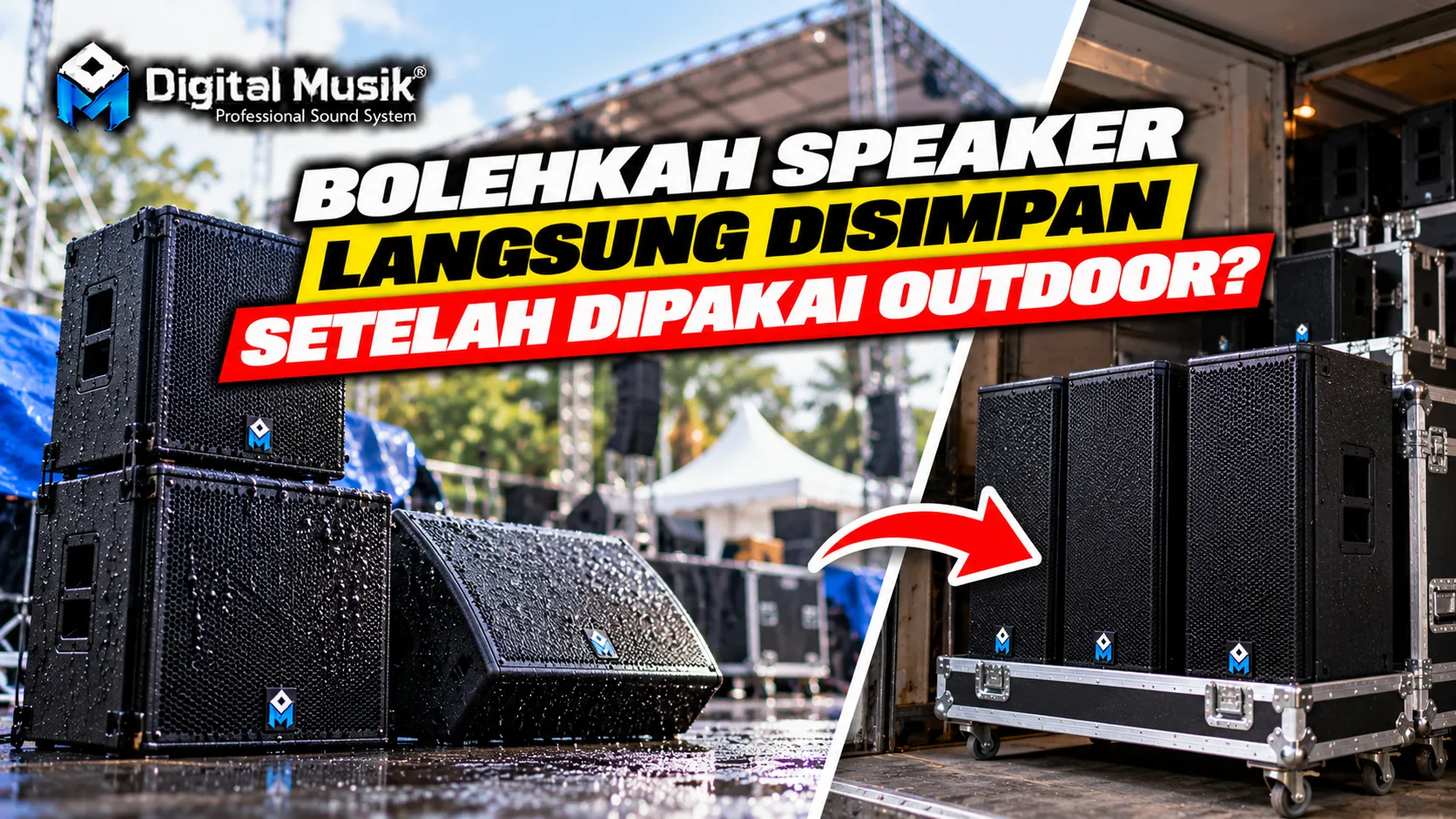 Seorang teknisi audio sedang memeriksa speaker portabel setelah digunakan di acara outdoor.