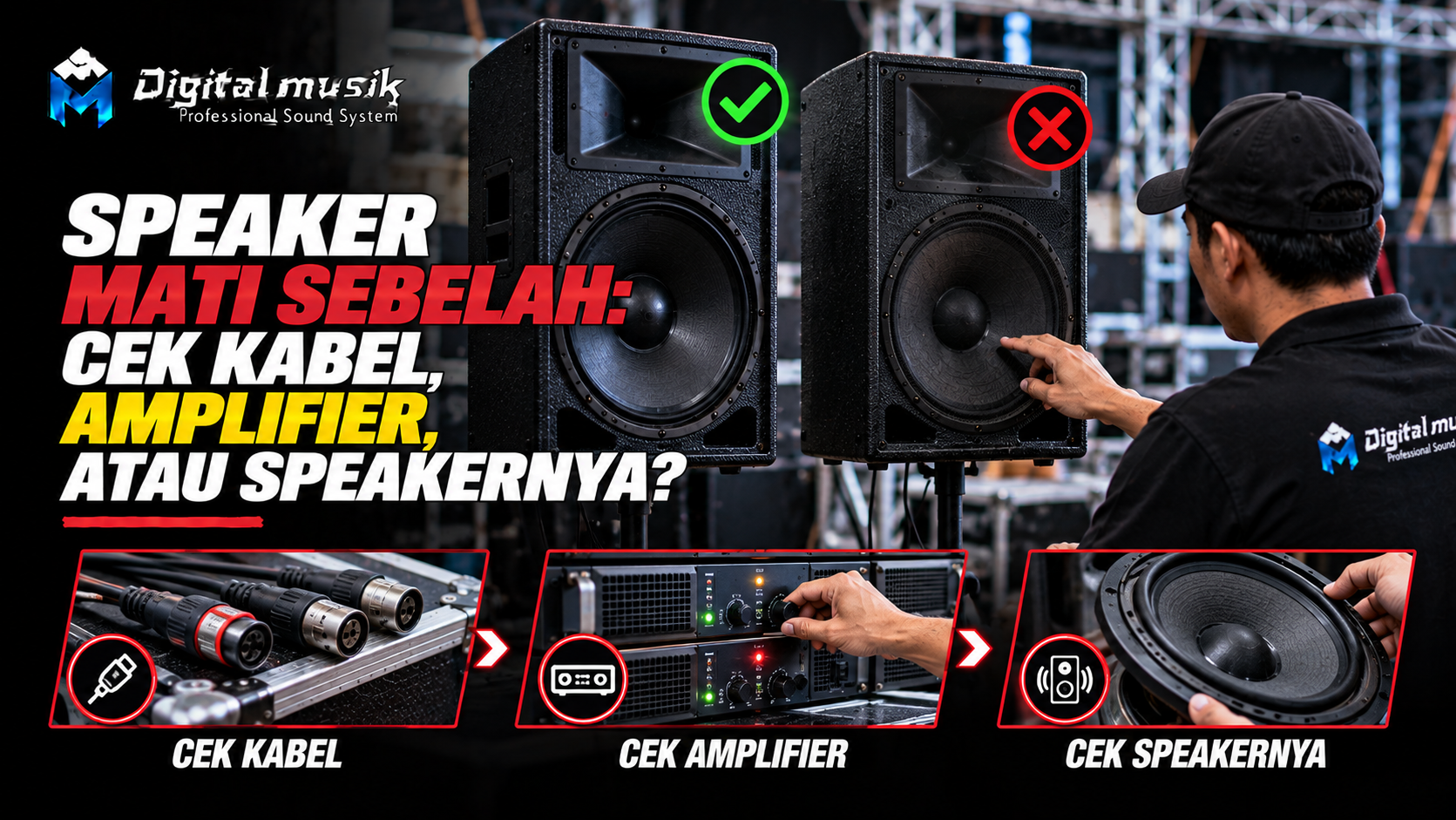 Ilustrasi seseorang sedang memeriksa kabel speaker yang terhubung ke amplifier dan speaker.