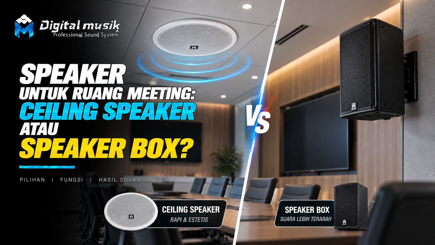 Perbandingan antara speaker ceiling yang terpasang di langit-langit dan speaker box yang diletakkan di meja atau rak untuk ruang meeting.