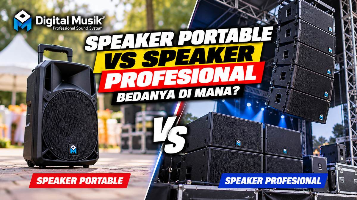 Perbandingan speaker portable dan speaker profesional di atas meja.