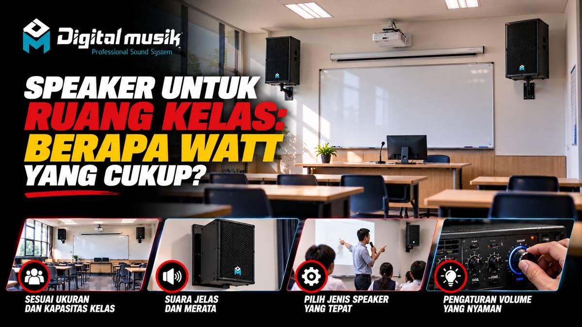 Ilustrasi ruang kelas dengan speaker terpasang di dinding